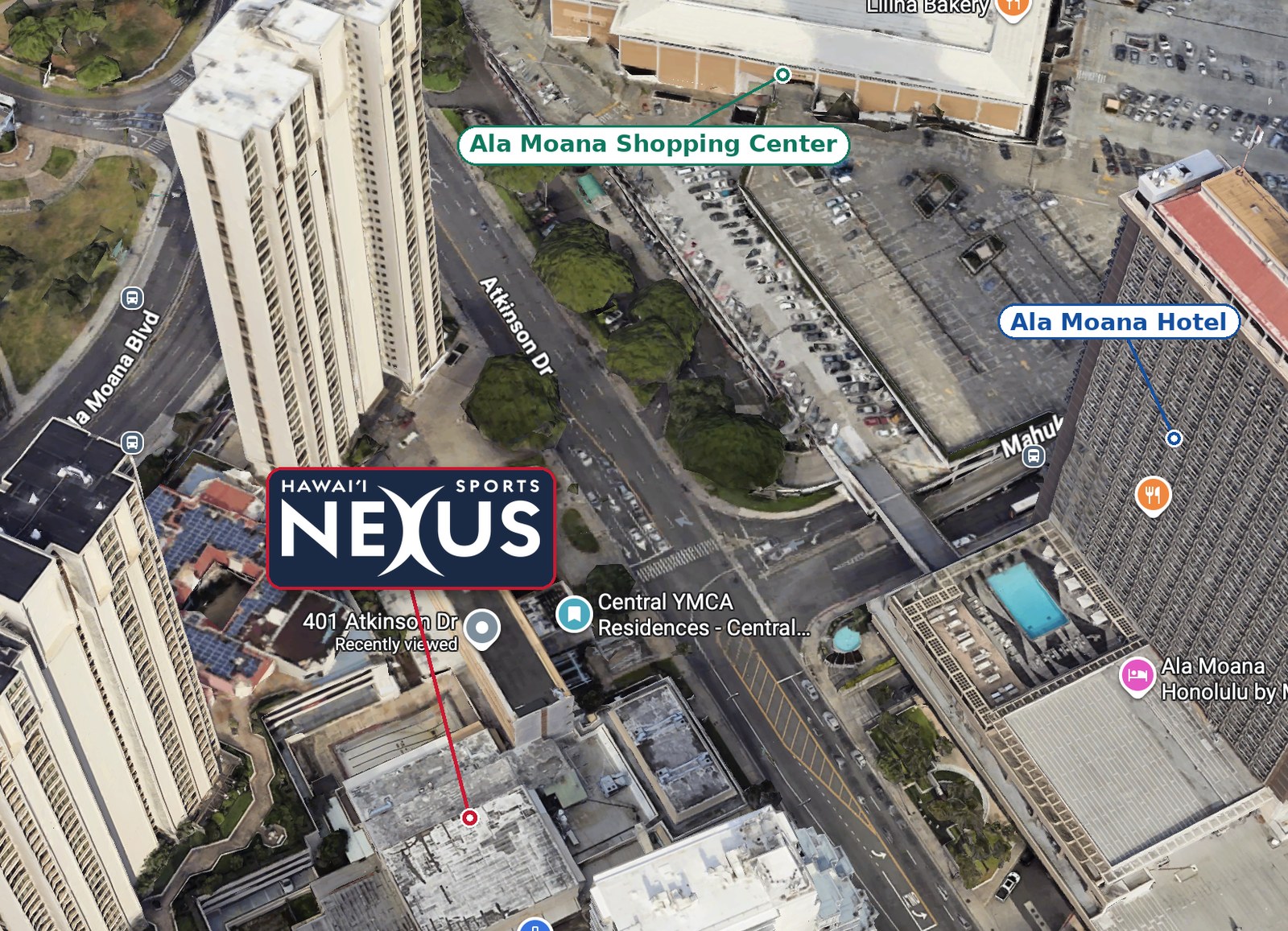 Aerial view of Hawaiʻi Sports Nexus at 401 Atkinson Drive, between Ala Moana Boulevard and the Ala Moana Shopping Center and Hotel